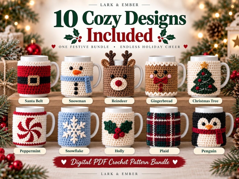 Może przedstawiać: Cyfrowy zestaw wzor&oacute;w szydełkowych w formacie PDF zatytułowany 10 Cozy Designs Included, przedstawiający dziesięć białych kubk&oacute;w z świątecznymi szydełkowymi otulaczami. Wzory obejmują Mikołaja, bałwana, renifera, piernika, choinkę, miętę, płatek śniegu, ostrokrzew, kratę i pingwina.