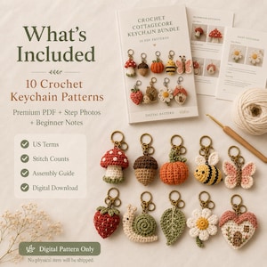 May include: A digital crochet pattern bundle titled Crochet Cottagecore Keychain Bundle featuring 10 PDF patterns. The image displays various finished crochet keychains including a mushroom, acorn, pumpkin, bee, butterfly, strawberry, snail, leaf, flower, and house.