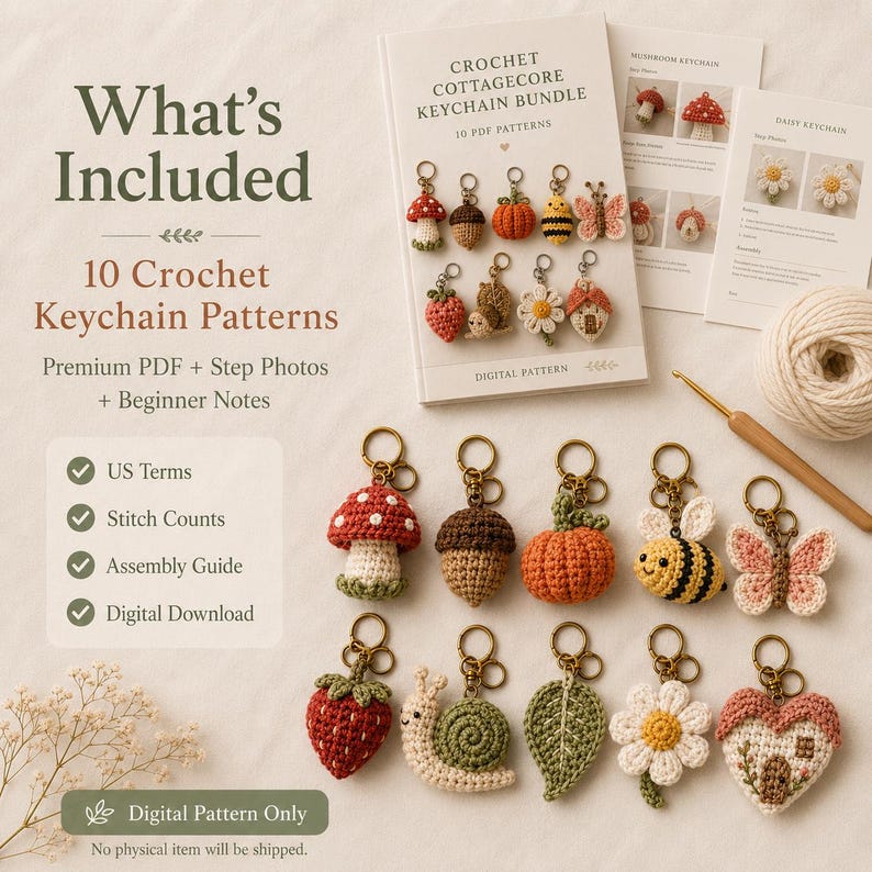 May include: A digital crochet pattern bundle titled Crochet Cottagecore Keychain Bundle featuring 10 PDF patterns. The image displays various finished crochet keychains including a mushroom, acorn, pumpkin, bee, butterfly, strawberry, snail, leaf, flower, and house.