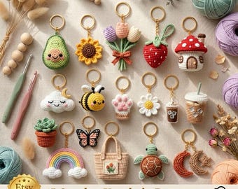 Pacchetto di modelli per portachiavi all'uncinetto in PDF, 15 simpatici modelli di portachiavi amigurumi, ciondoli all'uncinetto kawaii, PDF per principianti, download immediato