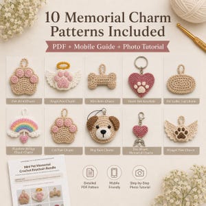 Può includere: Una guida digitale intitolata 10 Memorial Charm Patterns Included con schemi all'uncinetto di impronte, zampe d'angelo, ossi, cuori, targhette, arcobaleni, zampe di gatto, musi di cane e zampe alate. Include PDF, guida mobile e tutorial fotografico.