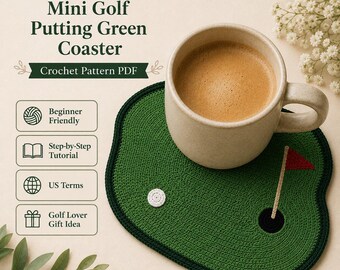 Schema PDF per sottobicchiere all'uncinetto, sottobicchiere a tema mini putting green da golf, sottobicchiere all'uncinetto adatto ai principianti, regalo per papà appassionato di golf, decorazione sportiva da scaricare