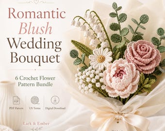 Schema PDF per bouquet da sposa all'uncinetto, romantico bouquet di fiori all'uncinetto color cipria, rosa, peonia, margherita, mughetto, schema digitale