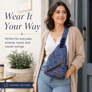 Op de afbeelding: Een marineblauwe sling bag met een wit stippenpatroon en bruine leren details. De tas heeft een ritsvak en een verstelbare riem. De tekst op de afbeelding luidt "Wear It Your Way" en "Perfect for everyday errands, travel, and casual outings."