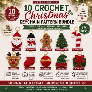Christmas Crochet Keychain Pattern Bundle, 10 Holiday Ornament PDF Patterns, Santa Snowman Reindeer