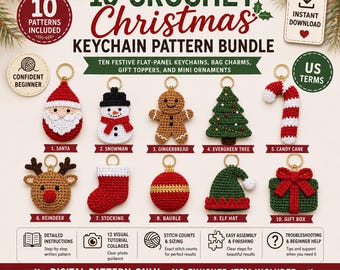 Christmas Crochet Keychain Pattern Bundle, 10 Holiday Ornament PDF Patterns, Santa Snowman Reindeer