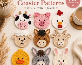 Pacchetto di modelli PDF per sottobicchieri all'uncinetto a tema animali della fattoria: mucca, maiale, gallina, pecora, cavallo, capra, anatra, asino, coniglio. Decorazioni rustiche e graziose.
