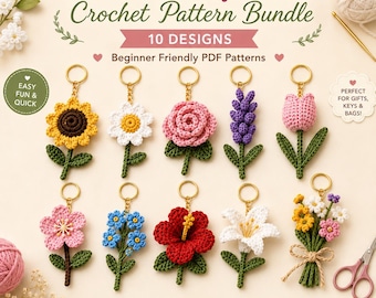 Pacchetto di modelli PDF per portachiavi a forma di fiore all'uncinetto, 10 modelli di portachiavi a forma di fiore all'uncinetto, ciondolo amigurumi a forma di fiore per principianti, portachiavi per borsa all'uncinetto