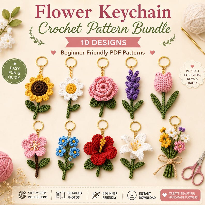May include: A collection of ten handmade crochet flower keychains in various colors, including yellow, white, pink, purple, red, and blue. Each keychain features a detailed floral design with green leaves and a gold-colored ring. The image includes text that says "Flower Keychain Crochet Pattern Bundle".