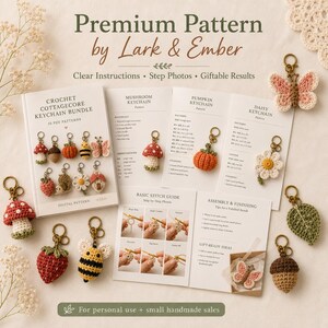 May include: A crochet pattern bundle by Lark & Ember featuring ten PDF designs for keychains including mushrooms, strawberries, bees, butterflies, and flowers. The set includes printed instruction booklets with stitch guides and assembly tips.