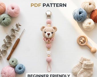 Schema PDF per clip porta ciuccio a forma di orsetto all'uncinetto, schema per porta ciuccio per neonati all'uncinetto, clip a forma di orsetto amigurumi, regalo fai da te per baby shower, uncinetto per principianti