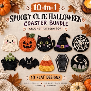 Może przedstawiać: Wzór szydełkowy PDF 10 w 1 na podstawki na Halloween, zawierający dziesięć płaskich wzorów: duszka, dynię, czarnego kota, kapelusz czarownicy, pajęczynę, kociołek, nietoperza, cukierek, trumnę oraz scenę z cmentarzem i księżycem.