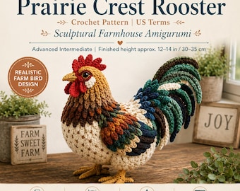 Schema PDF per realizzare un gallo realistico all'uncinetto, tutorial per un pollo di peluche amigurumi, schema per un uccello da fattoria realistico all'uncinetto, giocattolo a forma di gallo in stile rustico