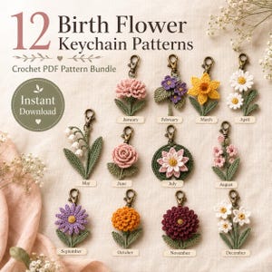 Puede incluir: Una colección de 12 patrones de ganchillo para llaveros de flores de nacimiento con varios diseños florales, tallos y hojas verdes, cada uno unido a un cierre de metal color bronce. El texto dice 12 Birth Flower Keychain Patterns, Crochet PDF Pattern Bundle e Instant Download, con etiquetas para cada mes de enero a diciembre.