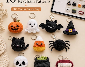 Pacchetto di modelli per portachiavi di Halloween all'uncinetto, 10 modelli in PDF all'uncinetto, portachiavi amigurumi senza cuciture o con poche cuciture, zucca, fantasma, pipistrello, gatto