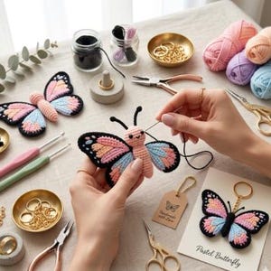 以下が含まれることがあります： パステルカラーのかぎ針編みの蝶が作られています。画像には、糸、金の指輪、はさみ、蝶のキーホルダーなどの工芸品が写っています。「Handmade with love」と書かれたタグがあります。