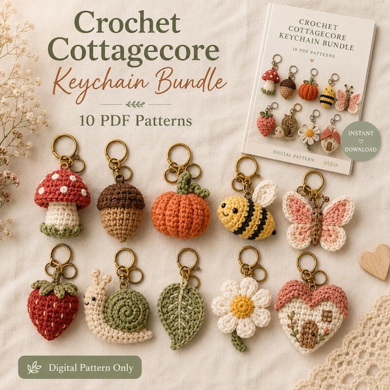 Crochet Keychain Pattern Bundle PDF, Cottagecore Amigurumi Keychain Patterns, Mushroom Acorn Pumpkin Bee Strawberry Daisy Charms
