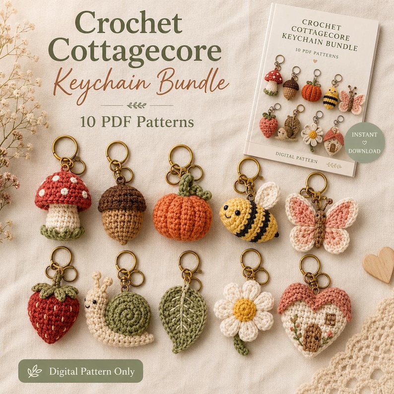 May include: A digital pattern bundle for 10 crochet keychains featuring nature-themed designs including a mushroom, acorn, pumpkin, bee, butterfly, strawberry, snail, leaf, daisy, and a small house, all displayed with gold-toned metal key rings.