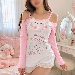 Anime Patchwork T-shirts, Coquette Fairycore Shirt, Pink Lace Blouse