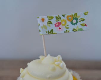 Teal floral flag cupcake toppers, vintage dessert tag, toothpick cupcake topper, cupcake tag, shabby chic wedding