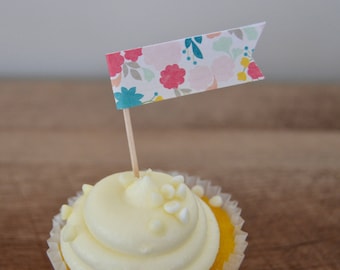 Floral flag cupcake toppers, vintage dessert tag, toothpick cupcake topper, cupcake tag, shabby chic wedding