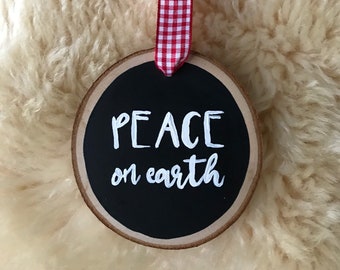 Peace on earth Christmas tree ornament, wood coaster tree decoration, rustic Christmas decoration, Christmas carol ornaments