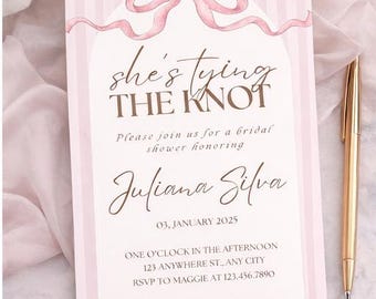 Bridal Shower Invitation, She’s Tying The Knot, Pink Bow Design, Editable Canva Template (Instant Download)