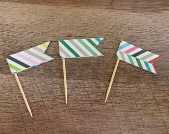 Striped flag cupcake toppers, vintage dessert tag, toothpick cupcake topper, cupcake tag, shabby chic wedding