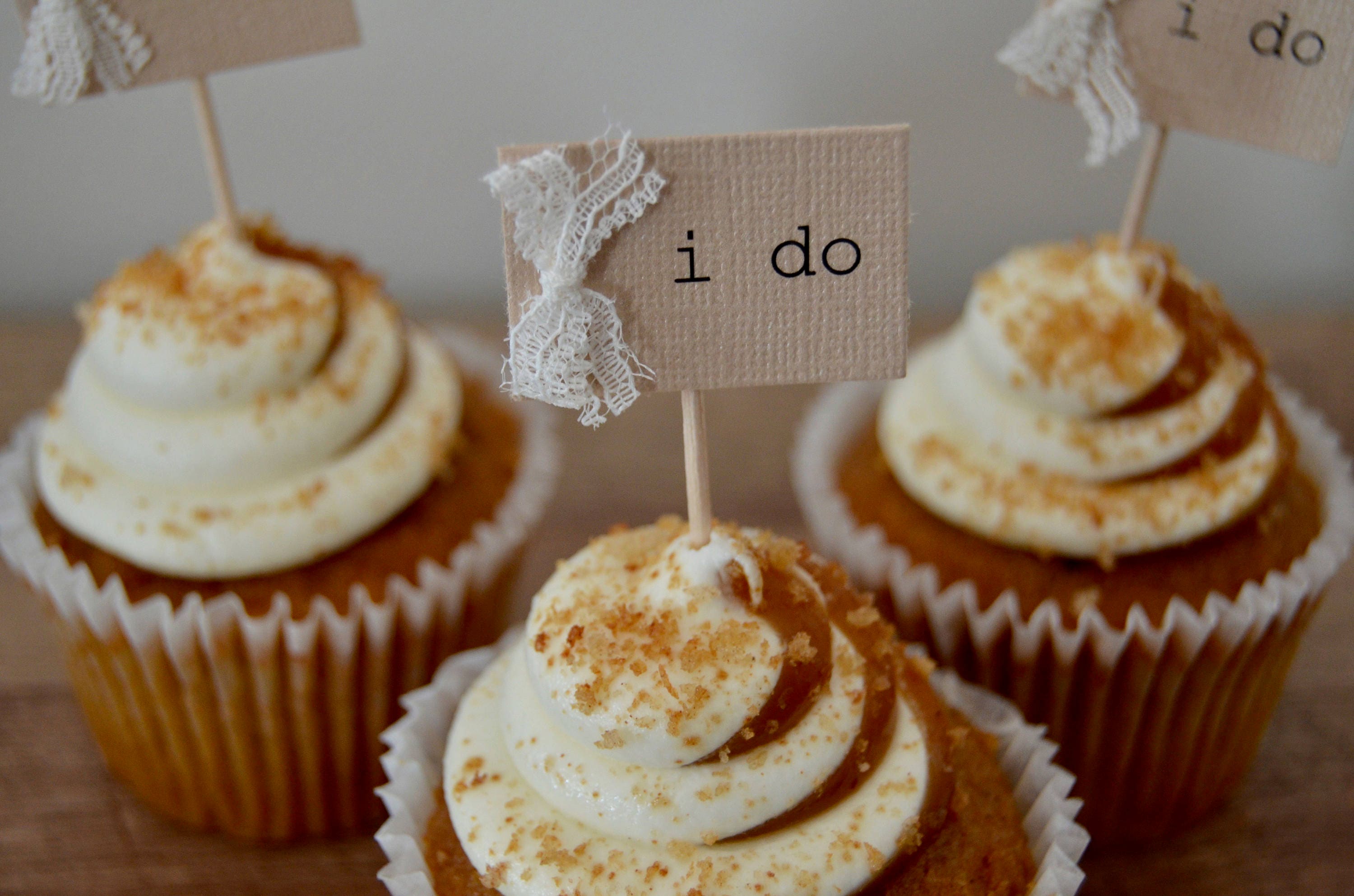I Do cupcake toppers, rustic wedding cupcake tags, Burlap & lace cupc…