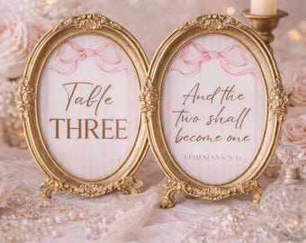 Pink Bow Scripture Wedding Table Numbers and Place Cards – Love Quote Table Decor (PDF Pattern)