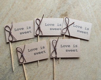 Love is Sweet Wedding Cupcake Toppers – Rustic Dessert Tags (Qty 12)