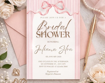 Editable Bridal Shower Invitation, Pink Bow "Tying the Knot" Template (Digital Download)