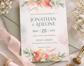 Floral Watercolor Wedding Invitation Template, Editable Canva Invite (Instant Download)