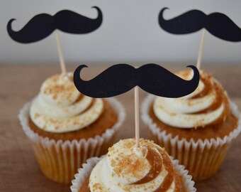 Mustache Cupcake Toppers – Baby Shower, Little Man Dessert Tags (Black Cardstock)