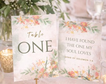 Floral Scripture Wedding Table Numbers and Place Cards – Love Quote Table Decor (PDF Pattern)