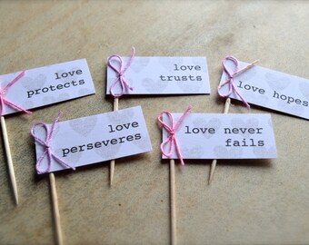 Wedding Cupcake Toppers – Love Chapter Bible Verse, White Cardstock, Pink Bows