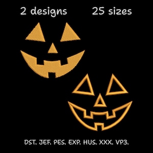 May include: Two embroidered pumpkin face designs in orange on a black background. The text "2 designs" and "25 sizes" are at the top. The bottom of the image shows embroidery file formats.