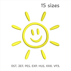 May include: Yellow embroidered sun with a smiling face and radiating beams. The text "15 sizes" is above the sun. Below the sun are the file formats: DST. JEF. PES. EXP. HUS. XXX. VP3.