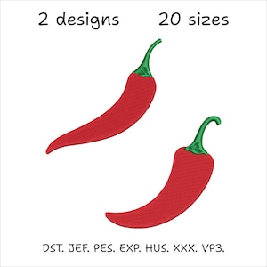 Op de afbeelding: Twee rode chilipeperontwerpen met groene stelen op een witte achtergrond. De tekst "2 designs" en "20 sizes" staat bovenaan. Bestandsformaat afkortingen staan onder de pepers.