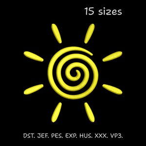 May include: A yellow sun design with a spiral center and radiating rays, set against a black background. The text "15 sizes" is above the sun, and file format abbreviations are below.