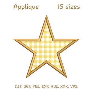 May include: A star-shaped applique design featuring a yellow and white gingham pattern with a gold-colored stitched border. The text "Applique" and "15 sizes" appear at the top, with "DST. JEF. PES. EXP. HUS. XXX. VP3." printed at the bottom.