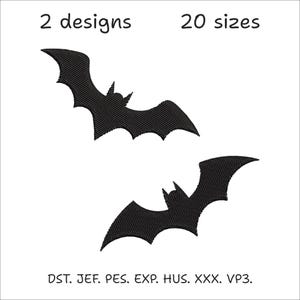 May include: Two black bat designs are displayed on a white background. The text "2 designs" and "20 sizes" are above the bats. Below the bats are the file formats: DST. JEF. PES. EXP. HUS. XXX. VP3.
