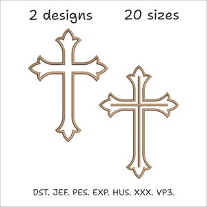 May include: Two ornate cross designs in a light brown color, with a white interior. The image includes the text "2 designs" and "20 sizes". Below the crosses are file format abbreviations.