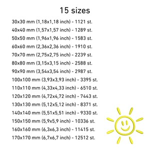 May include: A list of 15 sizes, in millimeters and inches, with corresponding quantities. The sizes range from 30x30 mm (1.18x1.18 inches) to 170x170 mm (6.7x6.7 inches). A yellow smiling sun graphic is in the bottom right.