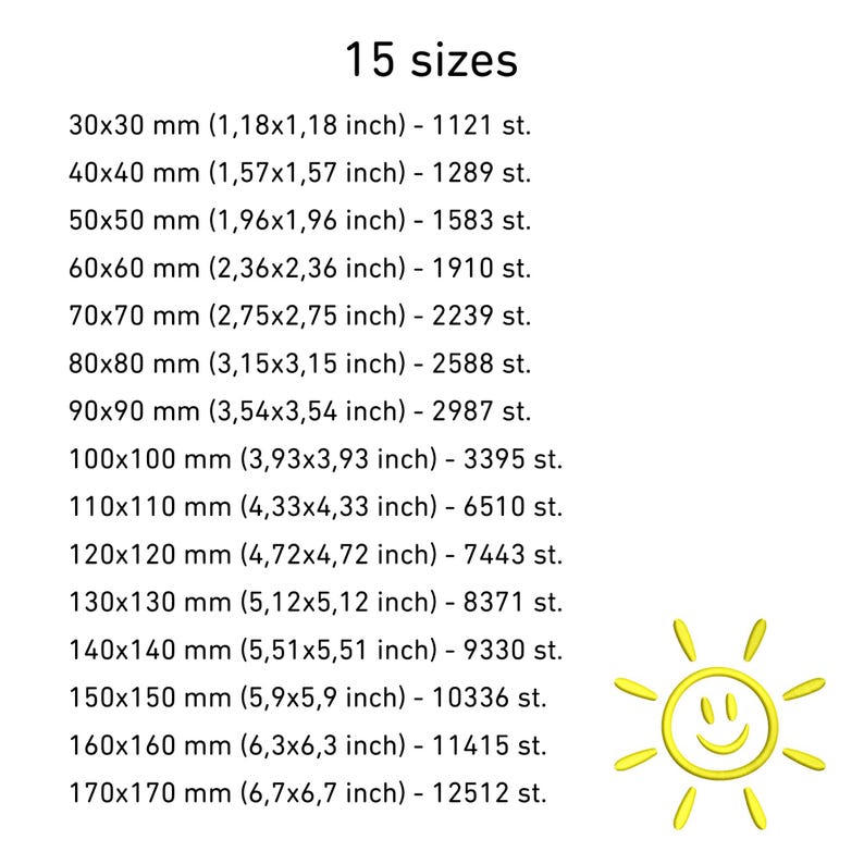 May include: A list of 15 sizes, in millimeters and inches, with corresponding quantities. The sizes range from 30x30 mm (1.18x1.18 inches) to 170x170 mm (6.7x6.7 inches). A yellow smiling sun graphic is in the bottom right.