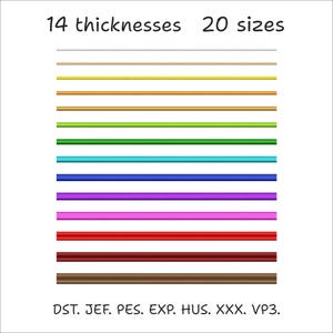 Puede incluir: Imagen que muestra 14 líneas de colores de diferentes grosores, con el texto "14 thicknesses 20 sizes" en la parte superior. Las líneas son de varios colores, incluyendo blanco, amarillo, naranja, verde, azul, morado, rosa, rojo y marrón.