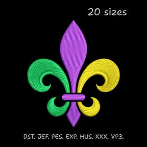 Peut inclure: Un motif de fleur de lys brodé numériquement en violet, vert et jaune sur fond noir. L'image comprend le texte "20 tailles" et des abréviations de types de fichiers.