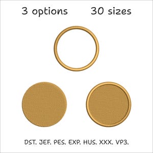 May include: A digital embroidery design featuring three circular options in gold thread. The text reads 3 options, 30 sizes, and the file formats DST, JEF, PES, EXP, HUS, XXX, and VP3. The design includes a circular outline, a solid circle, and a circle with a border.