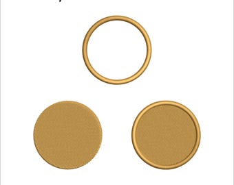 May include: A digital embroidery design featuring three circular options in gold thread. The text reads 3 options, 30 sizes, and the file formats DST, JEF, PES, EXP, HUS, XXX, and VP3. The design includes a circular outline, a solid circle, and a circle with a border.