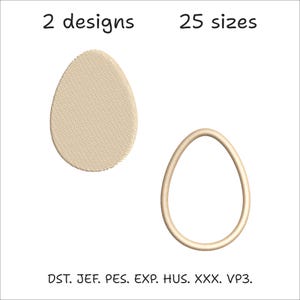 May include: Two egg designs are shown, one filled with a textured pattern and the other an outline. The text above reads "2 designs" and "25 sizes". Below the eggs are file format abbreviations.
